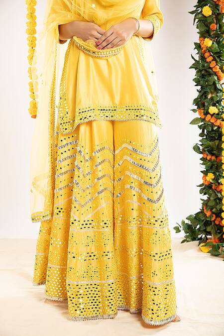 Buy Priyaa Yellow Net, Chanderi Silk Gota And Mirror V Neck Kurta Sharara Set Online at Aza Fashions Buy_Priyaa_Yellow Net, Chanderi Silk Gota And Mirror V Neck Kurta Sharara Set _Online_at_Aza_Fashions