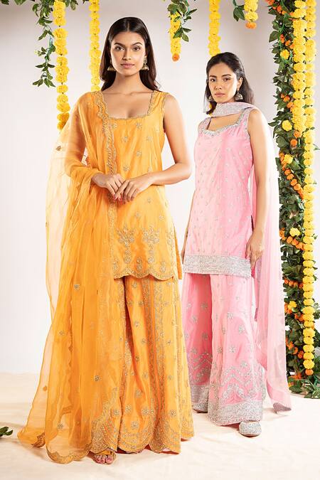 Shop Priyaa Pink Organza, Chanderi Silk Zari Dori And Tila Detailing Kurta Sharara Set at Aza Fashions Shop_Priyaa_Pink Organza, Chanderi Silk Zari Dori And Tila Detailing Kurta Sharara Set _at_Aza_Fashions