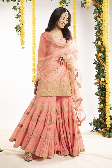 Shop Priyaa Peach Organza, Chanderi Silk Gota And Mirror V Neck Kurta Sharara Set at Aza Fashions Shop_Priyaa_Peach Organza, Chanderi Silk Gota And Mirror V Neck Kurta Sharara Set _at_Aza_Fashions