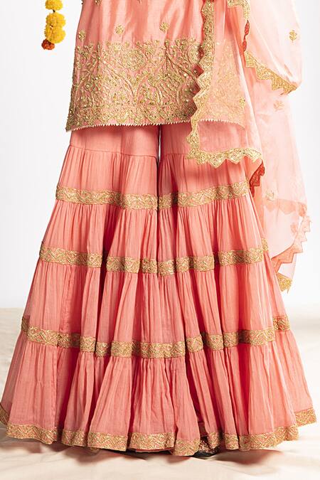 Shop Priyaa Peach Organza, Chanderi Silk Gota And Mirror V Neck Kurta Sharara Set Online at Aza Fashions Shop_Priyaa_Peach Organza, Chanderi Silk Gota And Mirror V Neck Kurta Sharara Set _Online_at_Aza_Fashions