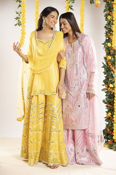 Shop Priyaa Pink Net, Chanderi Silk Gota And Mirror Notched Kurta Sharara Set at Aza Fashions Shop_Priyaa_Pink Net, Chanderi Silk Gota And Mirror Notched Kurta Sharara Set _at_Aza_Fashions
