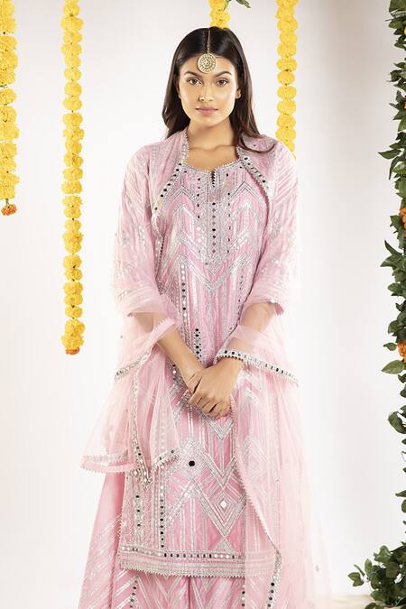 Priyaa Pink Net, Chanderi Silk Gota And Mirror Notched Kurta Sharara Set Online at Aza Fashions Priyaa_Pink Net, Chanderi Silk Gota And Mirror Notched Kurta Sharara Set _Online_at_Aza_Fashions