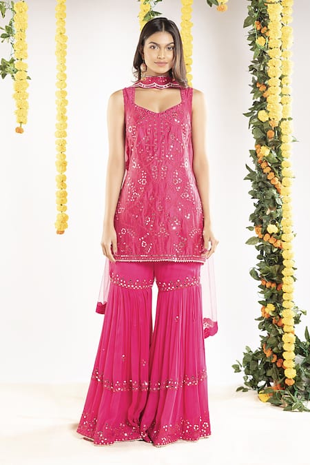 Priyaa Pink Net, Georgette, Chanderi Silk Gota And Mirror Sweetheart Kurta Sharara Set 