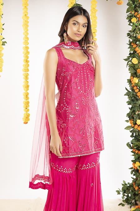 Shop Priyaa Pink Net, Georgette, Chanderi Silk Gota And Mirror Sweetheart Kurta Sharara Set at Aza Fashions Shop_Priyaa_Pink Net, Georgette, Chanderi Silk Gota And Mirror Sweetheart Kurta Sharara Set _at_Aza_Fashions