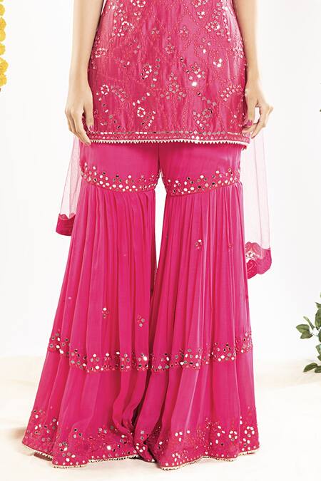 Buy Priyaa Pink Net, Georgette, Chanderi Silk Gota And Mirror Sweetheart Kurta Sharara Set Online at Aza Fashions Buy_Priyaa_Pink Net, Georgette, Chanderi Silk Gota And Mirror Sweetheart Kurta Sharara Set _Online_at_Aza_Fashions