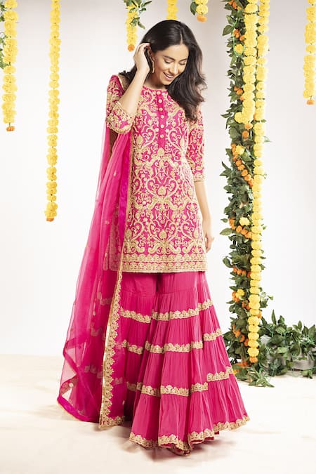 Priyaa Pink Organza, Chanderi Silk, Mulmul Gota And Mirror Round Neck Kurta Sharara Set 