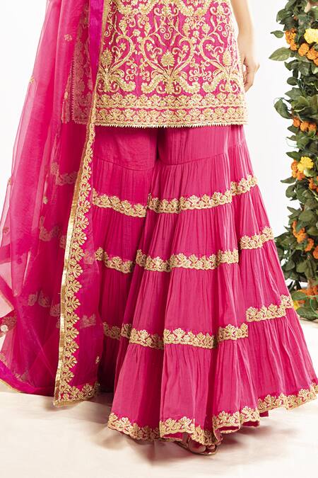 Buy Priyaa Pink Organza, Chanderi Silk, Mulmul Gota And Mirror Round Neck Kurta Sharara Set Online at Aza Fashions Buy_Priyaa_Pink Organza, Chanderi Silk, Mulmul Gota And Mirror Round Neck Kurta Sharara Set _Online_at_Aza_Fashions