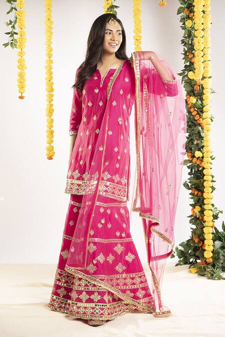 Shop Priyaa Pink Net, Chanderi Silk Gota And Mirror Notched Kurta Sharara Set at Aza Fashions Shop_Priyaa_Pink Net, Chanderi Silk Gota And Mirror Notched Kurta Sharara Set _at_Aza_Fashions
