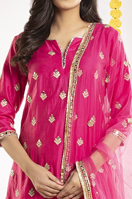 Priyaa Pink Net, Chanderi Silk Gota And Mirror Notched Kurta Sharara Set Online at Aza Fashions Priyaa_Pink Net, Chanderi Silk Gota And Mirror Notched Kurta Sharara Set _Online_at_Aza_Fashions