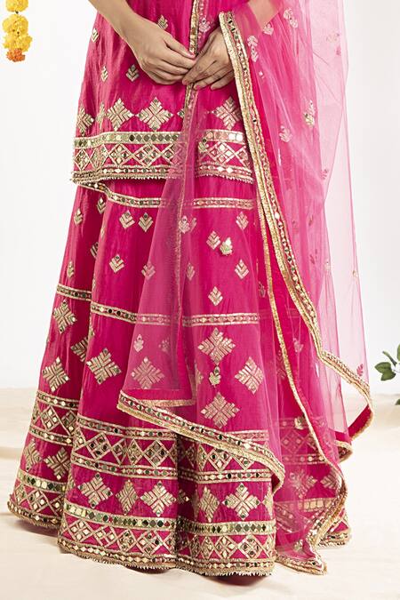 Buy Priyaa Pink Net, Chanderi Silk Gota And Mirror Notched Kurta Sharara Set Online at Aza Fashions Buy_Priyaa_Pink Net, Chanderi Silk Gota And Mirror Notched Kurta Sharara Set _Online_at_Aza_Fashions