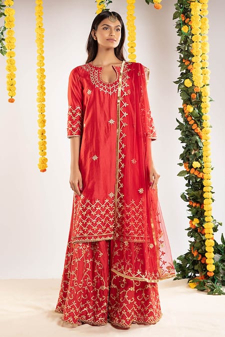 Priyaa Red Net, Chanderi Silk Gota And Mirror Round Kurta Sharara Set 