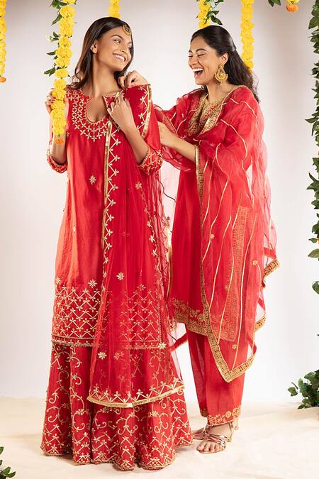 Shop Priyaa Red Net, Chanderi Silk Gota And Mirror Round Kurta Sharara Set at Aza Fashions Shop_Priyaa_Red Net, Chanderi Silk Gota And Mirror Round Kurta Sharara Set _at_Aza_Fashions
