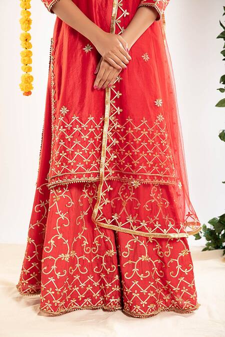 Buy Priyaa Red Net, Chanderi Silk Gota And Mirror Round Kurta Sharara Set Online at Aza Fashions Buy_Priyaa_Red Net, Chanderi Silk Gota And Mirror Round Kurta Sharara Set _Online_at_Aza_Fashions