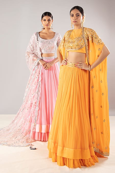 Shop_Priyaa_Pink Chiffon Embroidered Zari Round Bridal Lehenga Set  _at_Aza_Fashions