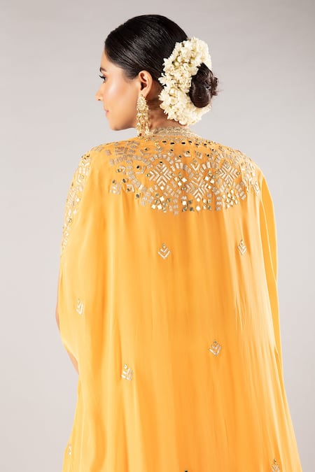 Shop Priyaa Yellow Chiffon, Silk Crepe Gota And Mirror Jewel Embroidered Cape Lehenga Set at Aza Fashions Shop_Priyaa_Yellow Chiffon, Silk Crepe Gota And Mirror Jewel Embroidered Cape Lehenga Set _at_Aza_Fashions