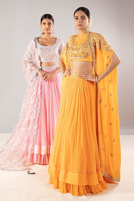 Priyaa Yellow Chiffon, Silk Crepe Gota And Mirror Jewel Embroidered Cape Lehenga Set Online at Aza Fashions Priyaa_Yellow Chiffon, Silk Crepe Gota And Mirror Jewel Embroidered Cape Lehenga Set _Online_at_Aza_Fashions