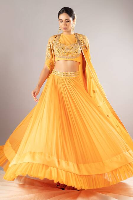 Buy Priyaa Yellow Chiffon, Silk Crepe Gota And Mirror Jewel Embroidered Cape Lehenga Set Online at Aza Fashions Buy_Priyaa_Yellow Chiffon, Silk Crepe Gota And Mirror Jewel Embroidered Cape Lehenga Set _Online_at_Aza_Fashions