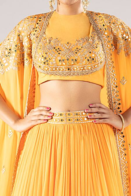 Shop Priyaa Yellow Chiffon, Silk Crepe Gota And Mirror Jewel Embroidered Cape Lehenga Set Online at Aza Fashions Shop_Priyaa_Yellow Chiffon, Silk Crepe Gota And Mirror Jewel Embroidered Cape Lehenga Set _Online_at_Aza_Fashions