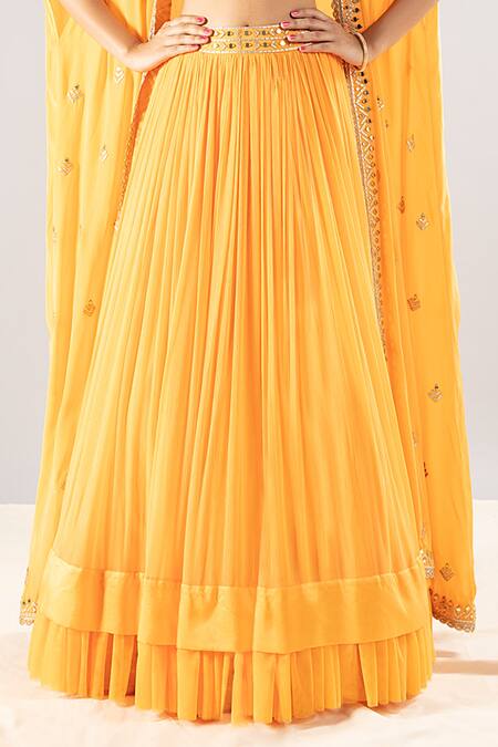 Priyaa Yellow Chiffon, Silk Crepe Gota And Mirror Jewel Embroidered Cape Lehenga Set at Aza Fashions Priyaa_Yellow Chiffon, Silk Crepe Gota And Mirror Jewel Embroidered Cape Lehenga Set _at_Aza_Fashions