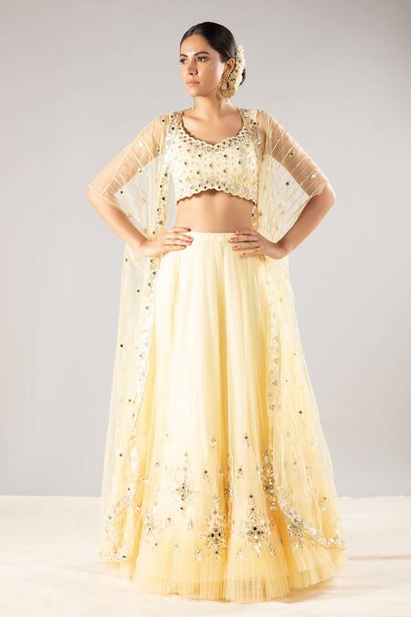 Priyaa Yellow Net Sequin And Mirror Square Neck Embroidered Cape Lehenga Set Online at Aza Fashions Priyaa_Yellow Net Sequin And Mirror Square Neck Embroidered Cape Lehenga Set _Online_at_Aza_Fashions
