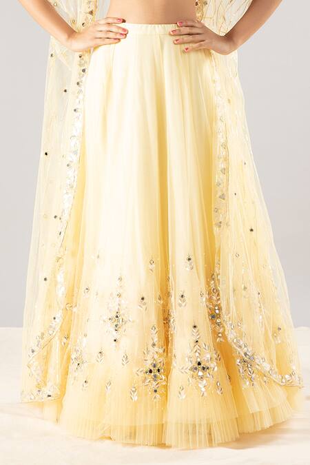 Shop Priyaa Yellow Net Sequin And Mirror Square Neck Embroidered Cape Lehenga Set Online at Aza Fashions Shop_Priyaa_Yellow Net Sequin And Mirror Square Neck Embroidered Cape Lehenga Set _Online_at_Aza_Fashions