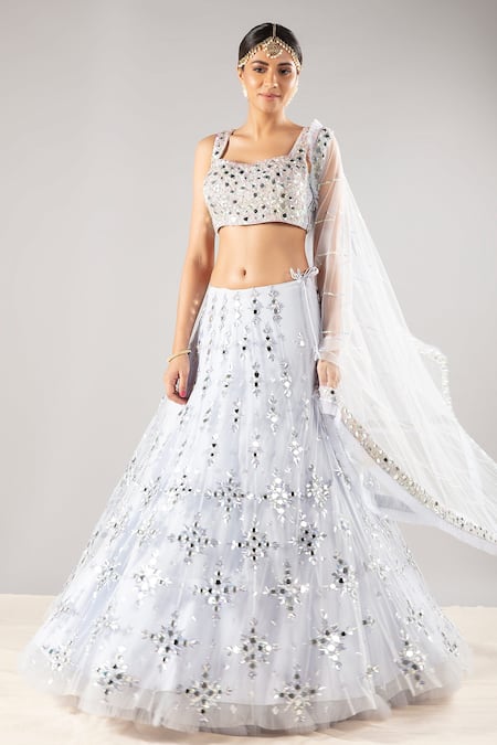 Priyaa Blue Net Sequin And Mirror Square Neck Embroidered Bridal Lehenga Set 