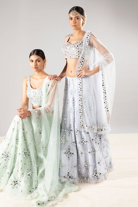 Shop Priyaa Blue Net Sequin And Mirror Square Neck Embroidered Bridal Lehenga Set at Aza Fashions Shop_Priyaa_Blue Net Sequin And Mirror Square Neck Embroidered Bridal Lehenga Set _at_Aza_Fashions