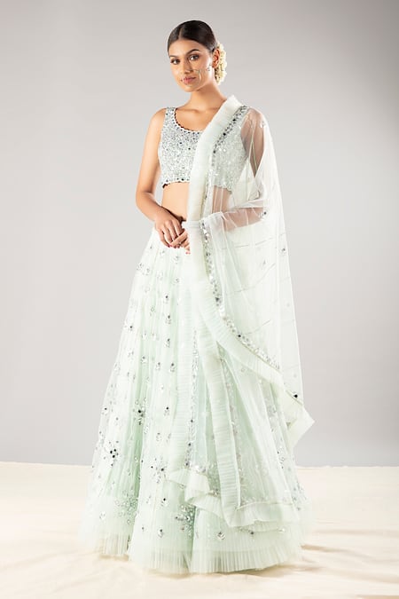 Priyaa Green Net Sequin And Mirror Round Embroidered Bridal Lehenga Set 