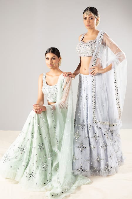 Shop Priyaa Green Net Sequin And Mirror Round Embroidered Bridal Lehenga Set at Aza Fashions Shop_Priyaa_Green Net Sequin And Mirror Round Embroidered Bridal Lehenga Set _at_Aza_Fashions