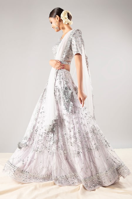 Shop Priyaa Purple Net Sequin And Mirror V Neck Embroidered Bridal Lehenga Set at Aza Fashions Shop_Priyaa_Purple Net Sequin And Mirror V Neck Embroidered Bridal Lehenga Set _at_Aza_Fashions
