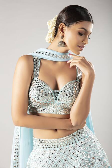 Shop Priyaa Blue Net, Silk Tafetta Gota And Mirror Sweetheart Embroidered Bridal Lehenga Set at Aza Fashions Shop_Priyaa_Blue Net, Silk Tafetta Gota And Mirror Sweetheart Embroidered Bridal Lehenga Set _at_Aza_Fashions