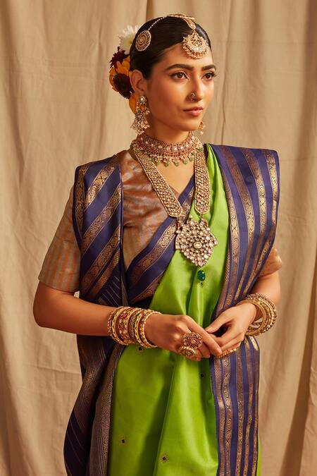 Buy_Paaprika_Green Kota Doria Zari Round Neck Handwoven Kanjivaram Silk Saree_Online_at_Aza_Fashions