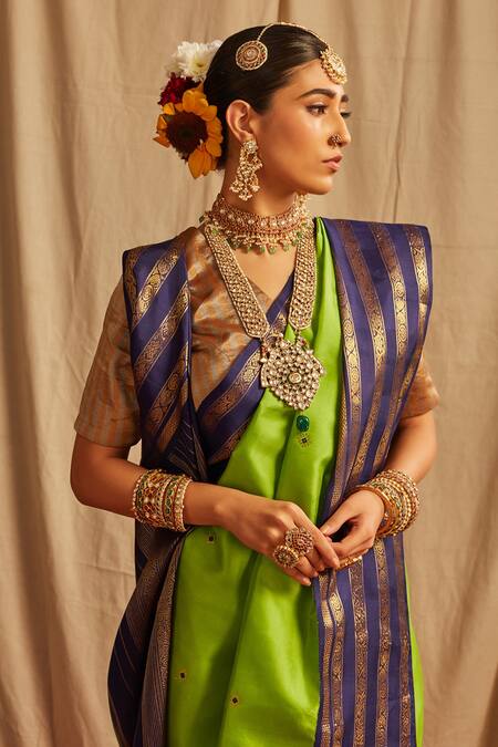 Shop_Paaprika_Green Kota Doria Zari Round Neck Handwoven Kanjivaram Silk Saree_Online_at_Aza_Fashions