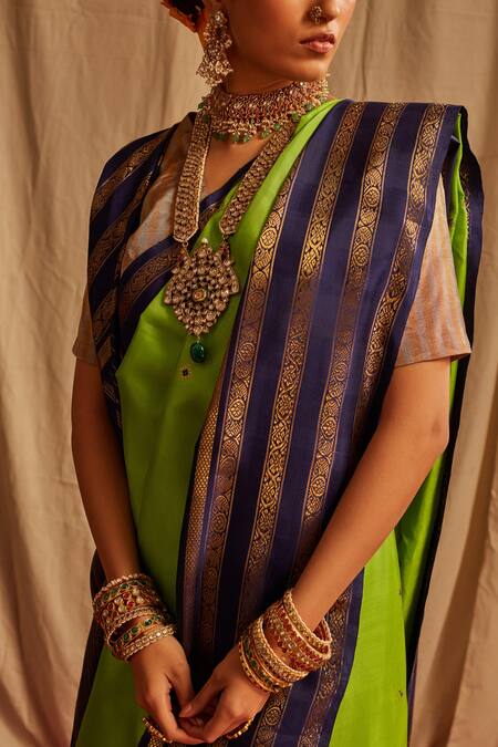 Paaprika_Green Kota Doria Zari Round Neck Handwoven Kanjivaram Silk Saree_at_Aza_Fashions