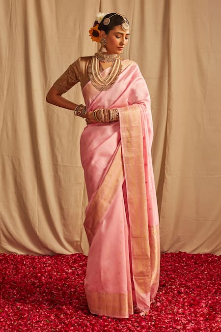 Buy_Paaprika_Pink Silk Zari Floral Handwoven Spun Saree_Online_at_Aza_Fashions