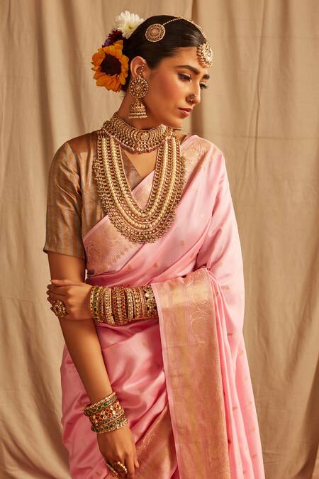 Shop_Paaprika_Pink Silk Zari Floral Handwoven Spun Saree_Online_at_Aza_Fashions