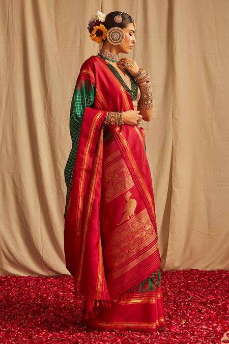 Buy_Paaprika_Green Kanjivaram Silk Animal, Floral And Bird Pure Handwoven Kalakshetra Saree_Online_at_Aza_Fashions