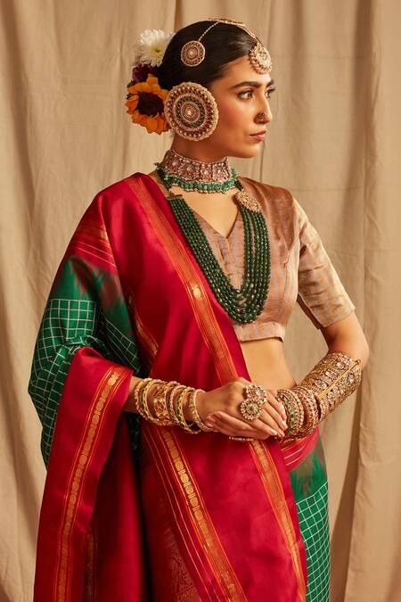 Paaprika_Green Kanjivaram Silk Animal, Floral And Bird Pure Handwoven Kalakshetra Saree_at_Aza_Fashions