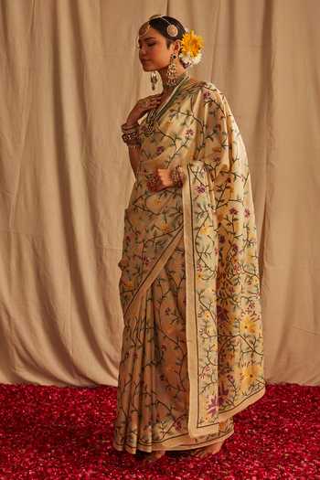 Buy_Paaprika_Yellow Tussar Silk Thread Embroidered Saree_Online_at_Aza_Fashions