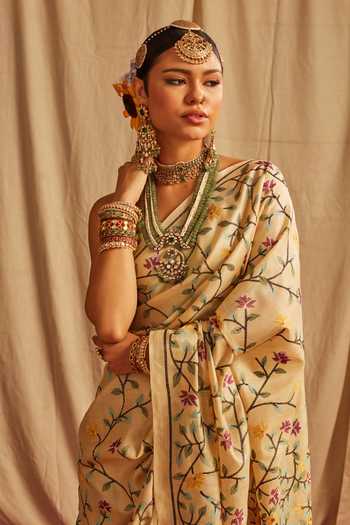 Shop_Paaprika_Yellow Tussar Silk Thread Embroidered Saree_Online_at_Aza_Fashions