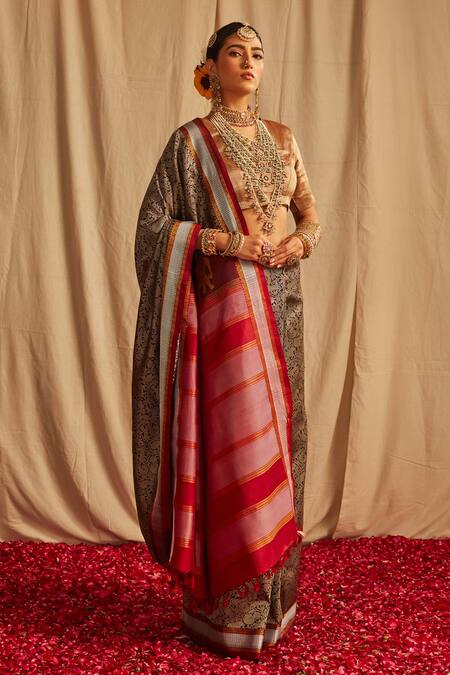 Buy_Paaprika_Black Kota Doria Embroidery Pure Kanjivaram Thread Vanasingaram Saree_Online_at_Aza_Fashions