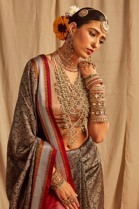 Shop_Paaprika_Black Kota Doria Embroidery Pure Kanjivaram Thread Vanasingaram Saree_Online_at_Aza_Fashions