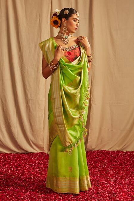 Shop_Paaprika_Green Silk, Cotton Embroidery Spun Handwoven Saree_Online_at_Aza_Fashions