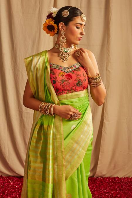 Paaprika_Green Silk, Cotton Embroidery Spun Handwoven Saree_at_Aza_Fashions