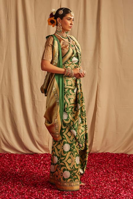 Buy_Paaprika_Green Silk Embroidery Mughal Mehraab Jaal Banarasi Saree _Online_at_Aza_Fashions