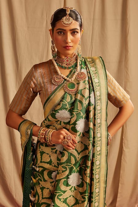 Shop_Paaprika_Green Silk Embroidery Mughal Mehraab Jaal Banarasi Saree _Online_at_Aza_Fashions