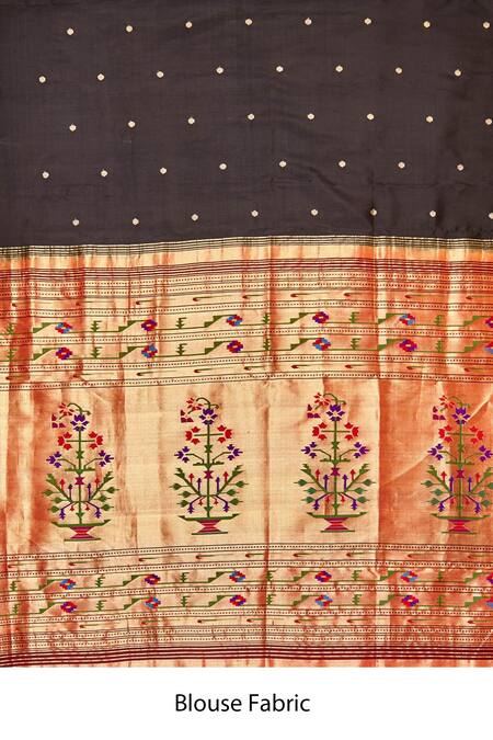 Paaprika_Black Pashmina Embroidery Round Neck Muniya Handwoven Paithani Silk Saree_at_Aza_Fashions