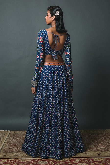 Shop Sonam Luthria Blue Crepe Geometric Print, Studs Embroidery Scoop Neck Lehenga Set  at Aza Fashions Shop_Sonam Luthria_Blue Crepe Geometric Print, Studs Embroidery Scoop Neck Lehenga Set _at_Aza_Fashions