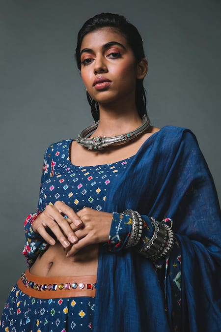 Sonam Luthria Blue Crepe Geometric Print, Studs Embroidery Scoop Neck Lehenga Set  Online at Aza Fashions Sonam Luthria_Blue Crepe Geometric Print, Studs Embroidery Scoop Neck Lehenga Set _Online_at_Aza_Fashions