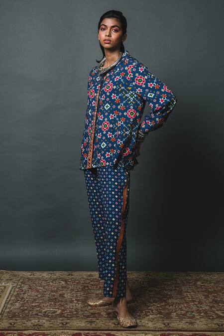 Sonam Luthria_Blue Crepe Studs Shirt Collar Patola Pattern And Pant Set_Online_at_Aza_Fashions